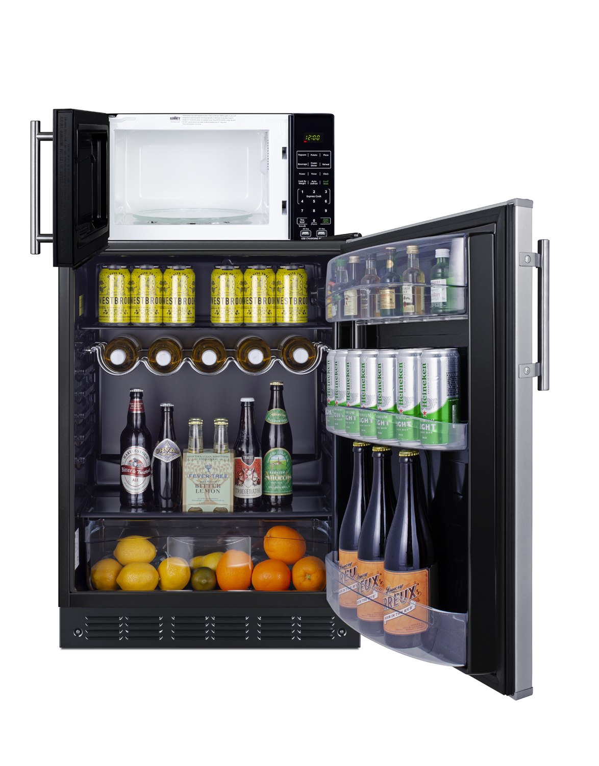 Counter height all-refrigerator with stainless steel door and compact microwave in black with allocator and USB ports for 1-plug operation; ships in three boxes on one pallet